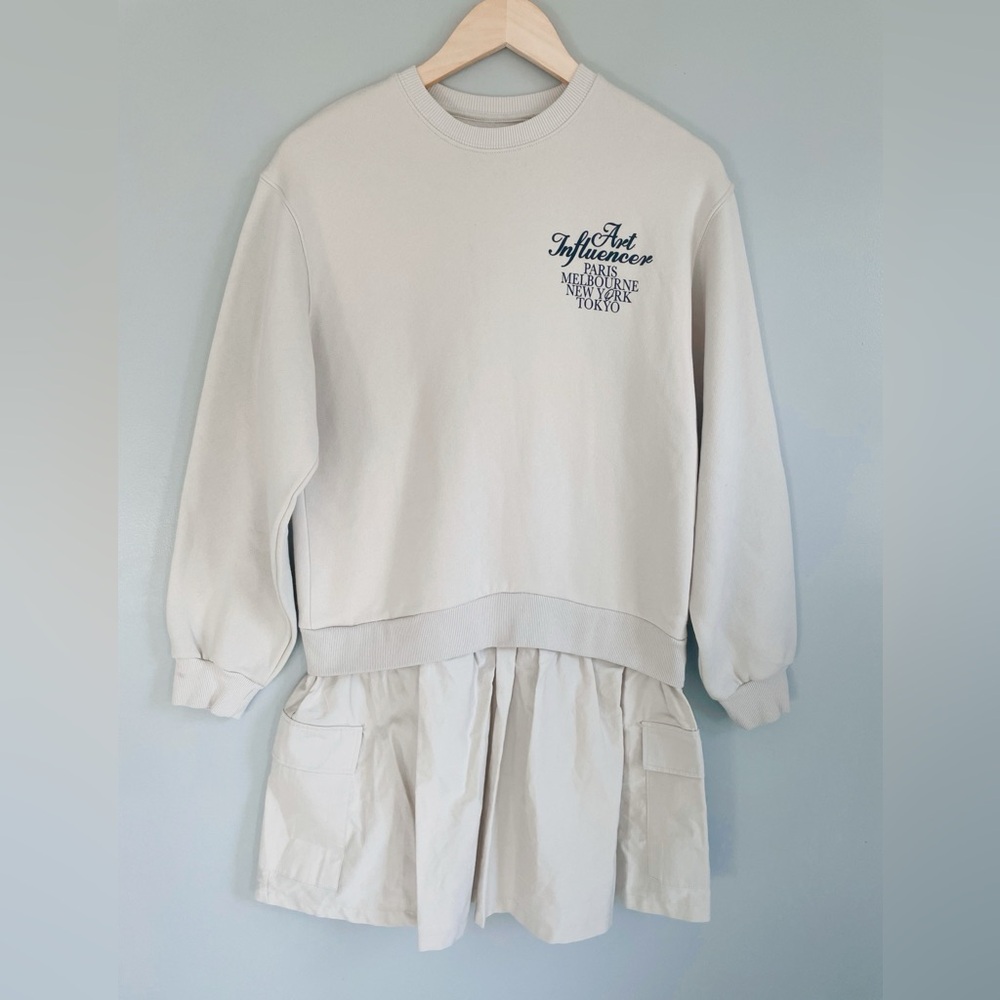 Zara Girls Size 13/14 Beige Art Influencer Cotton Sweatshirt Dress Khaki Skirt